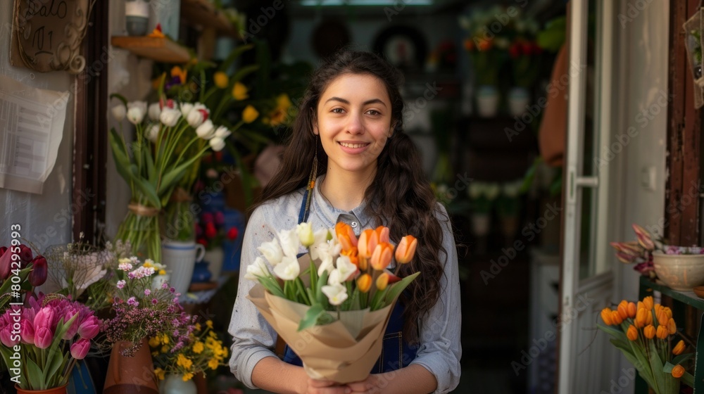 A woman is holding a bouquet of flowers in a shop