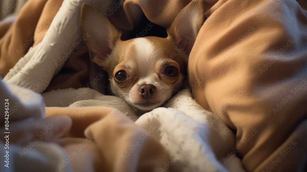 A sleeping chihuahua in a duvet
