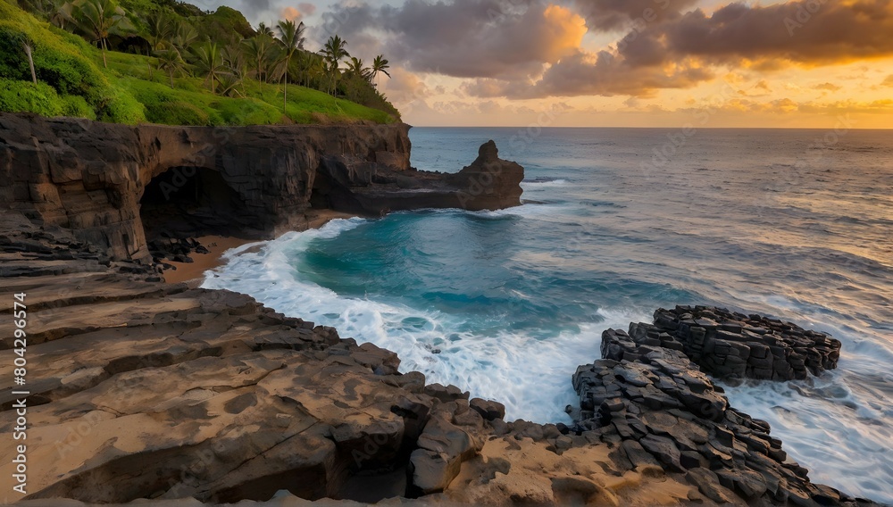 beautiful scenery of rock formations by the sea at queens bath, kauai, hawaii at sunset