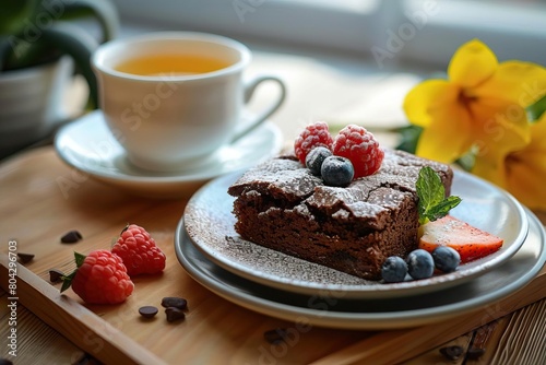 A decadent chocolate brownie is the perfect afternoon treat, with a cup of tea and fresh berries. photo