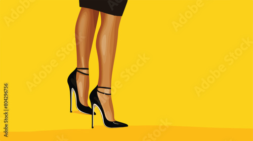 Female legs in stylish high heels on yellow backgro