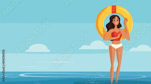 Female lifeguard with ring buoy whistling on blue b