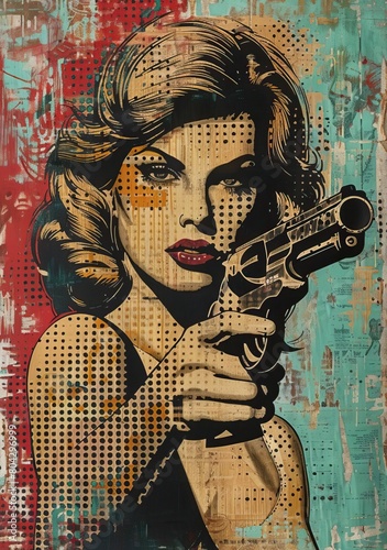A retro illustration of a woman holding a gun, with a red and blue background. photo