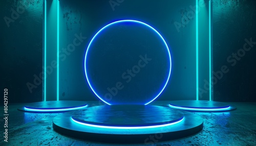 A dark 3D podium illuminated by blue neon lights, creating a mysterious and atmospheric setting suitable for showcasing products in a gaming or show environment photo