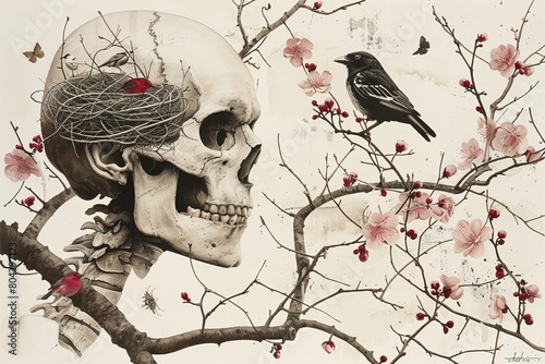 Surreal male profile with skull and bird nest. conceptual art exploring existence and psychology