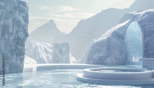 A cold, wintry podium scene set in an icy landscape with snow-covered mountains and frozen water, creating a chilling and minimalistic display environment photo