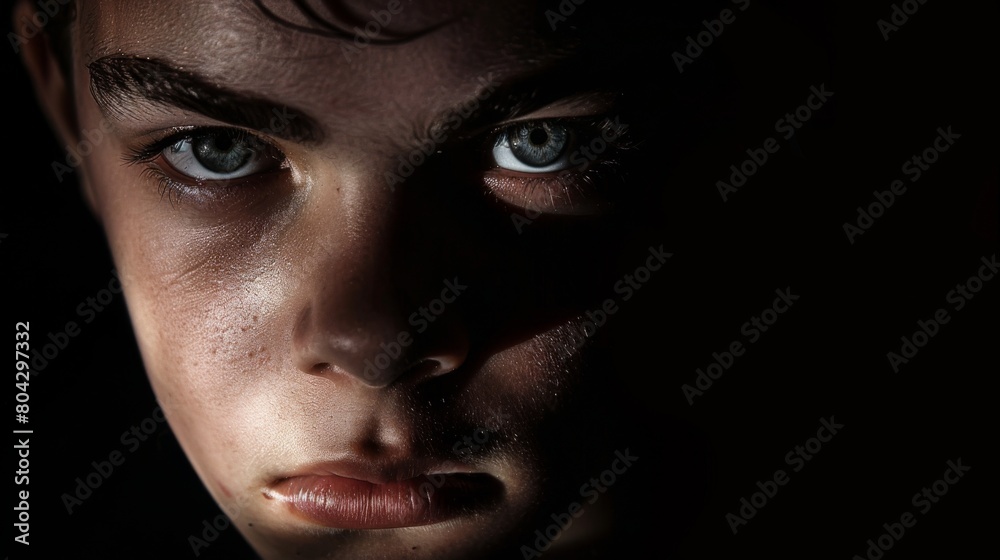 Intense Young Boy with Blue Eyes in Dramatic Lighting