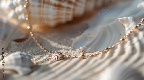 A close-up image of a minimalist rose gold anklet with a tiny seashell charm, capturing the beach-inspired elegance of modern jewelry.