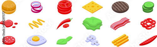 Flying burger ingredients icons set isometric vector. Fast food. Floating layer