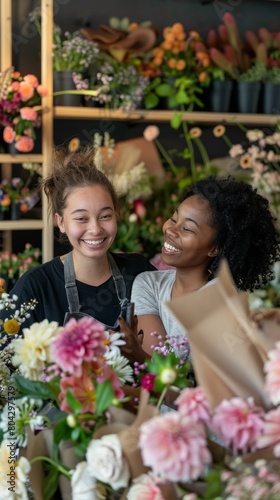 Two women are smiling at the camera in a flower shop
