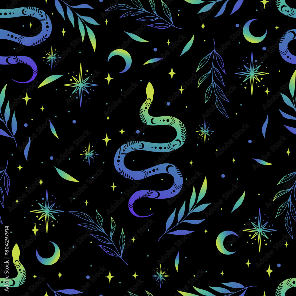 Vector magic seamless pattern with snakes, leaves, moon and stars ...