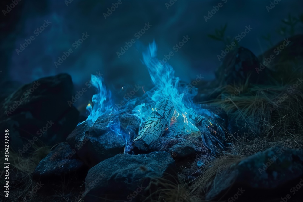 a bonfire with a blue flame
