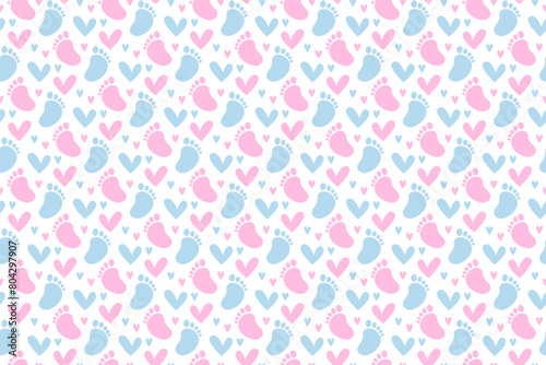 Gender Reveal Party Seamless Pattern. Pink and Blue Footprint and Hearts Repeating Endless Background.