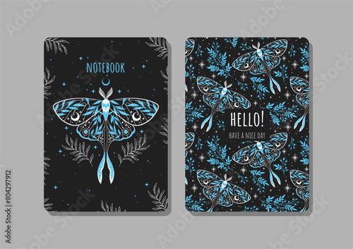 Cover design with moth and plant pattern. Hand drawn elements. Invitation, greeting card, cover book, notebook. Vector illustration