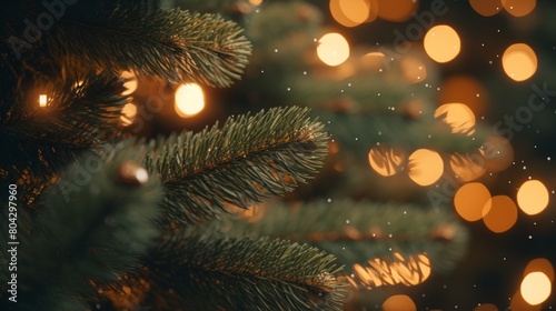 Fir tree brunch close up. Shallow focus. Fluffy fir tree brunch close up. Christmas wallpaper concept. Copy space.