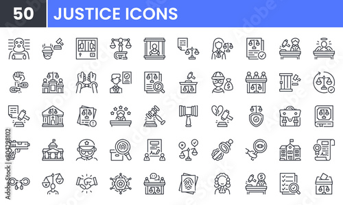 Justice and law vector line icon set. Contain linear outline icons like legal, lawyer, crime, court, judge, jail, prison, guilty, police, handcuff, corruption, investigation. Editable use and stroke.