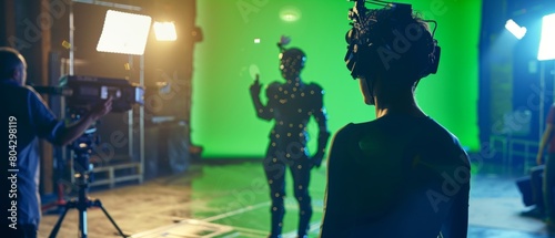 Film crew shooting blockbuster movie in Hollywood. Director commands camera operator to shoot green screen CGI scene with actor wearing motion tracking suit and head rig. photo