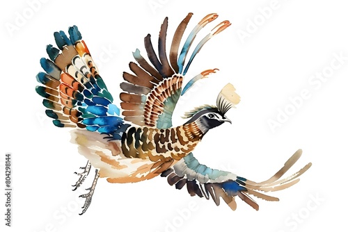 Ornate Watercolor of a Colorful Decorative Bird from the Renaissance Era Isolated on a White Background photo