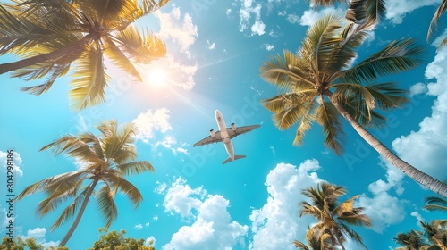 Peaceful Tropical Aerial Scene with Coconut Palms and Airplane Over Idyllic Blue Sea Beach © kiatipol