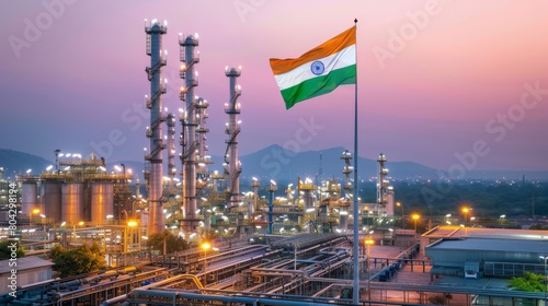 Indian Industrial Plant at Dusk with National Flag