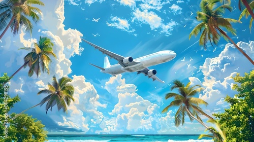 Picturesque Tropical Airplane Journey Above Lush Coconut Palm-Fringed Shoreline for Sightseeing and Relaxation