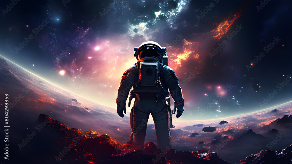 An ultra-high-resolution digital painting of an astronaut floating in the starry darkness against a cosmic background with distant nebulae, with dramatic lighting highlighting the outline of his space An ultra-high-resolution digital painting of an astronaut floating in the starry darkness against a cosmic background with distant nebulae, with dramatic lighting highlighting the outline of his space