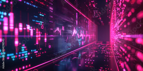 Futuristic digital background with pink neon glow with graphs and diagnostics on dark background, banner