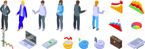 Investment portfolio icons set isometric vector. Management plan. Business people