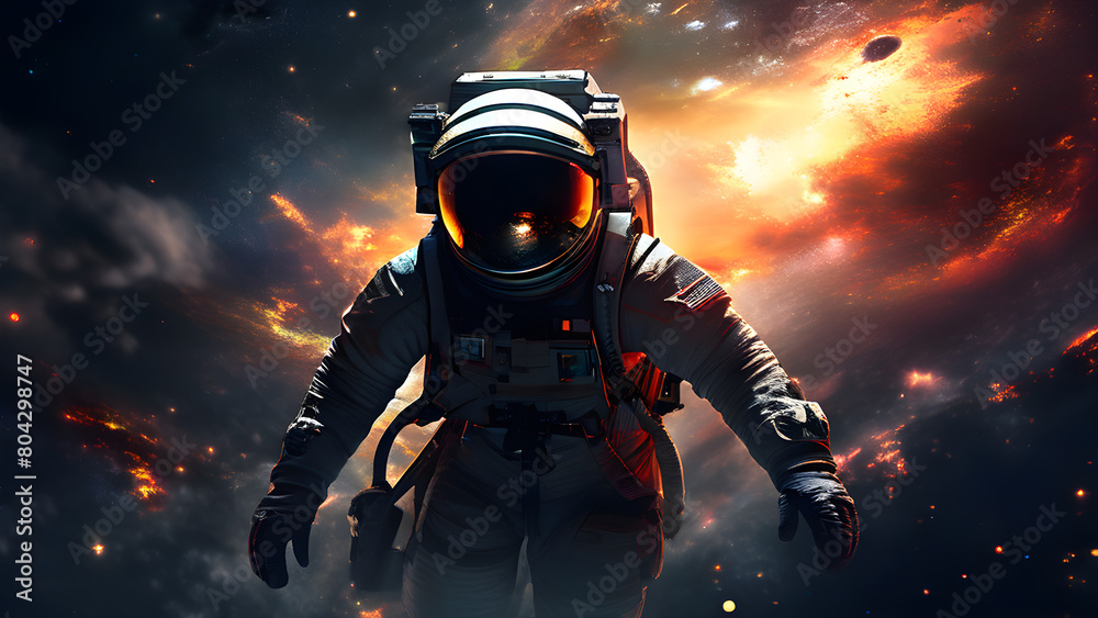 An ultra-high-resolution digital painting of an astronaut floating in the starry darkness against a cosmic background with distant nebulae, with dramatic lighting highlighting the outline of his space An ultra-high-resolution digital painting of an astronaut floating in the starry darkness against a cosmic background with distant nebulae, with dramatic lighting highlighting the outline of his space