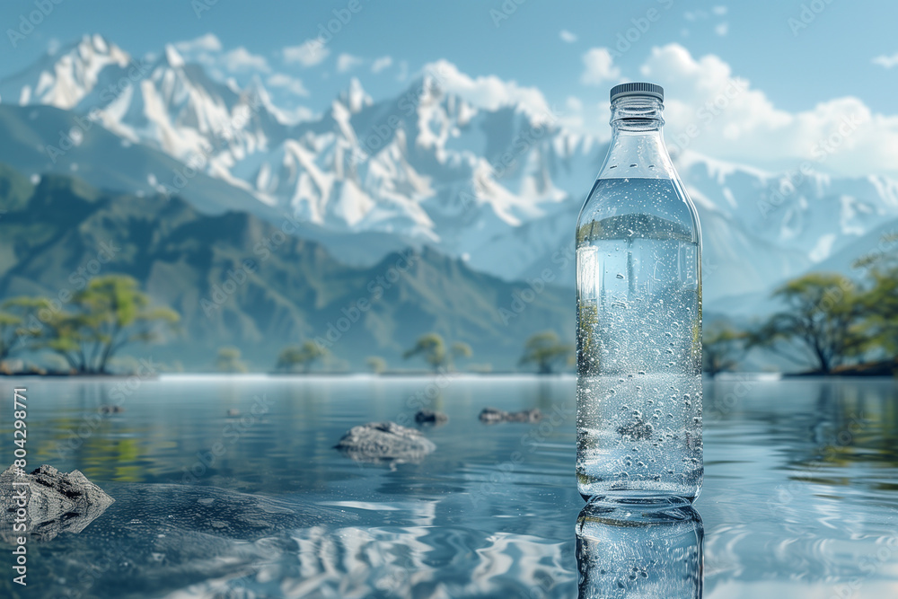 Advertisement for fresh sparkling water in front of mountain landscape, 3D illustration Advertisement for fresh sparkling water in front of mountain landscape, 3D illustration