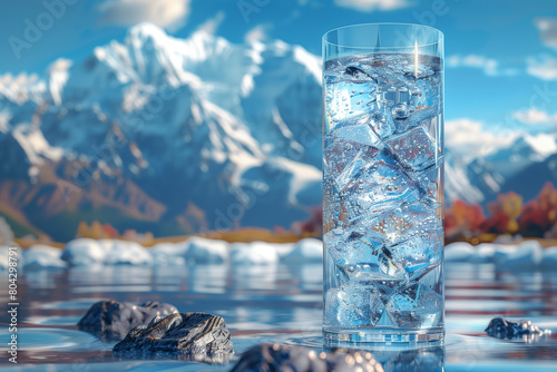 Advertisement for fresh sparkling water in front of mountain landscape, 3D illustration