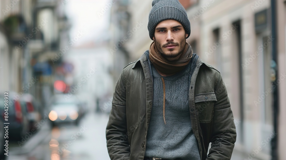 A dynamic shot of a street-smart young man sporting a fashionable beanie and effortlessly tying together his look with a leather belt. A dynamic shot of a street-smart young man sporting a fashionable beanie and effortlessly tying together his look with a leather belt.