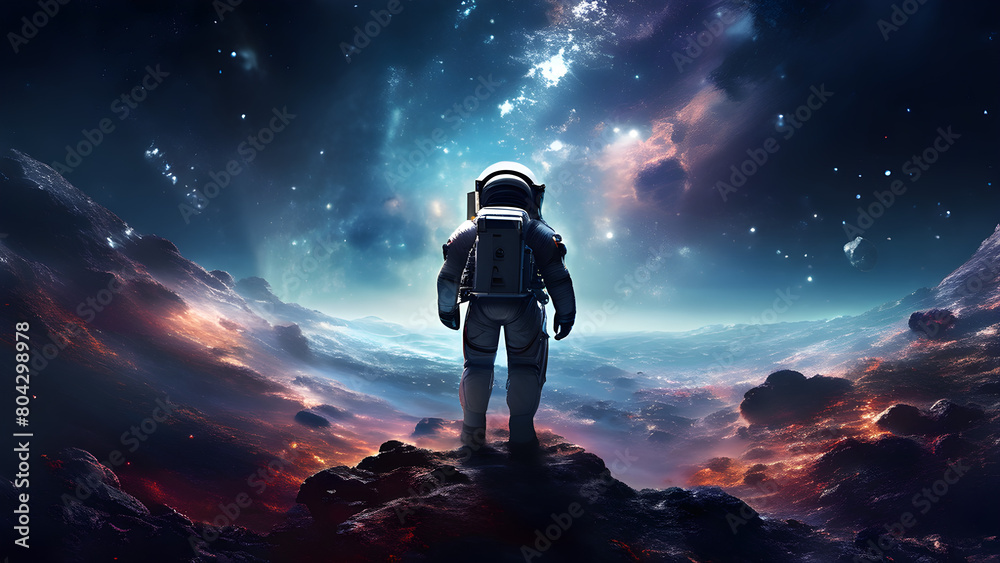 An ultra-high-resolution digital painting of an astronaut floating in the starry darkness against a cosmic background with distant nebulae, with dramatic lighting highlighting the outline of his space