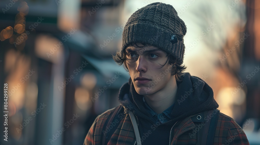A dynamic shot of a street-smart young man sporting a fashionable beanie and effortlessly tying together his look with a leather belt. A dynamic shot of a street-smart young man sporting a fashionable beanie and effortlessly tying together his look with a leather belt.