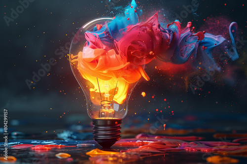 Colorful creative idea concept with lightbulb made from colorful paint, on a black background, 3D illustration