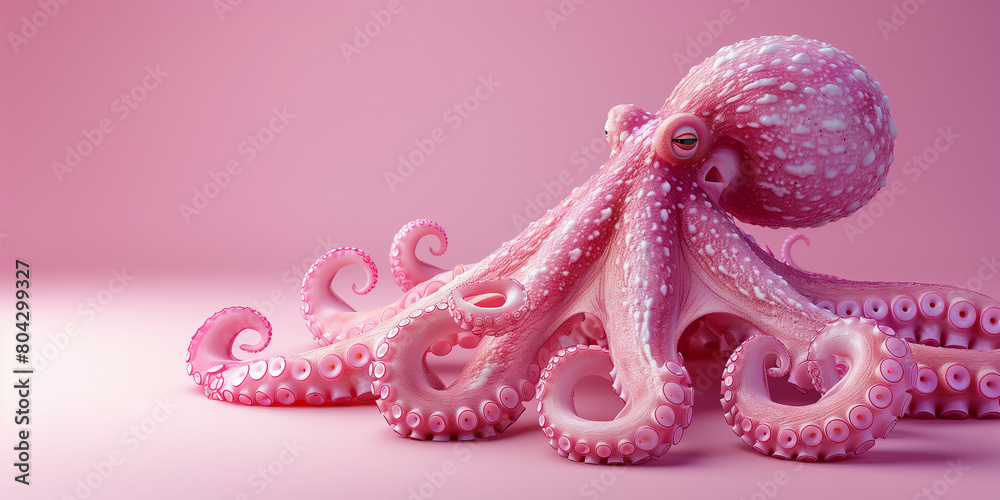 Fototapeta premium Pink octopus on pink studio background, 3D illustration
