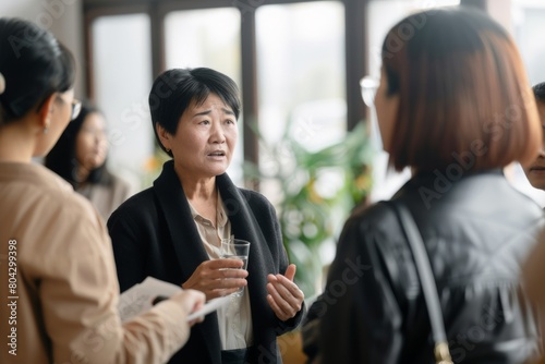 Female professional discussing with coworkers in meeting at conference event