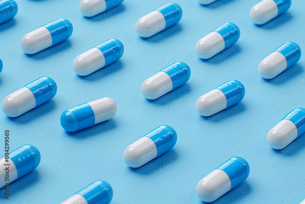 White and blue pills arranged in rows on a blue background, pattern, 3D illustration White and blue pills arranged in rows on a blue background, pattern, 3D illustration