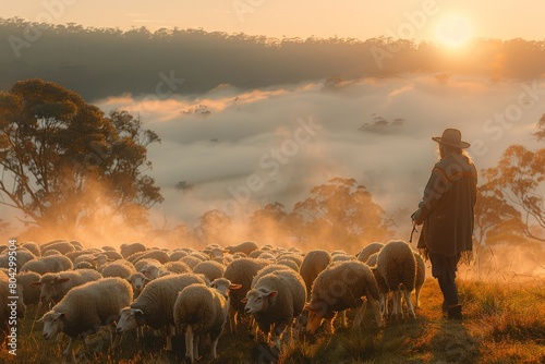 Solitary shepherd with flock of sheep on hilltop at sunrise, overlooking a sea of clouds