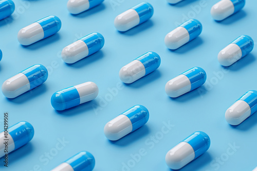 White and blue pills arranged in rows on a blue background, pattern, 3D illustration
