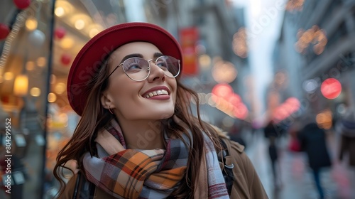 Smiling Woman Exploring Festive City Storefronts with Shopping Bags on Winter Stroll
