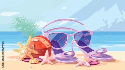 Flip-flops sunglasses wicker bag starfish and seash