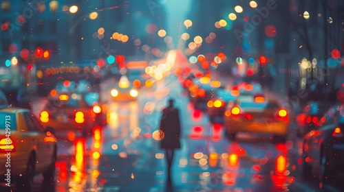 Solitary Figure Crossing a Bustling City Street at Twilight,Lights Blending into a Mesmerizing Blur of Colors
