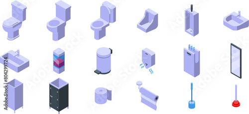 School toilet interior icons set isometric vector. Public restroom. Sink closet