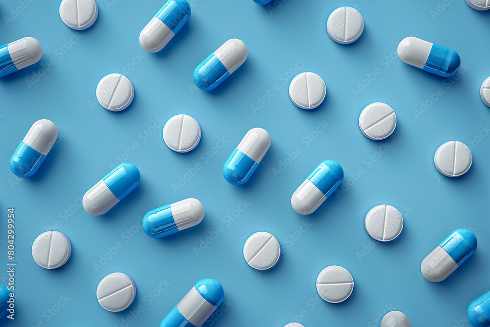 White and blue pills arranged in rows on a blue background, pattern, 3D illustration White and blue pills arranged in rows on a blue background, pattern, 3D illustration