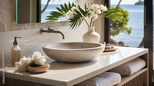 Bathroom featuring a sink with a flower vase on wooden tableware