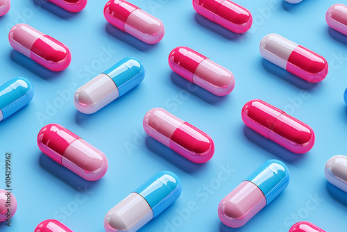 White and red pills arranged in rows on a blue background, pattern, 3D illustration
