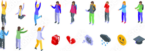 Adolescence icons set isometric vector. School people. Young teenager