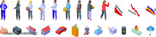 Economic recession icons set isometric vector. Money finance. Management indicator