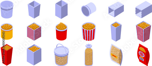 Bucket popcorn icons set isometric vector. Snack food. Paper cup